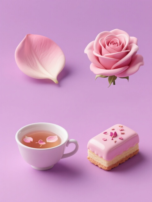 软3D风格，纯色背景，画面整体变换为柔和的粉紫色调，规整排布四个完全不同元素内容的系列素材集合。左上角是一片细腻饱满的玫瑰花瓣，展现出柔和的曲面和清晰的纹理；右上角是一朵完整绽放的玫瑰花，花瓣层层叠叠，形态优雅自然；左下角是一杯精致的玫瑰花茶，茶水清澈，漂浮着几片玫瑰花瓣，茶杯造型简约；右下角是一块诱人的玫瑰糕点，表面光滑，点缀着细小的玫瑰碎屑，整体设计简洁大方，每个元素都保持着统一的软3D质……预览效果