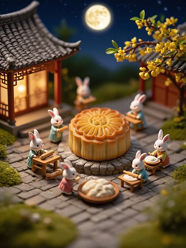 古风微缩场景，夜晚，庭院，朦胧暖色月亮，桂花枝。中间是一个大月饼，身着传统服饰的兔子们，有的在揉面团，有的在拿擀面杖，有的在端盘子，非常热闹的忙碌着的景象。