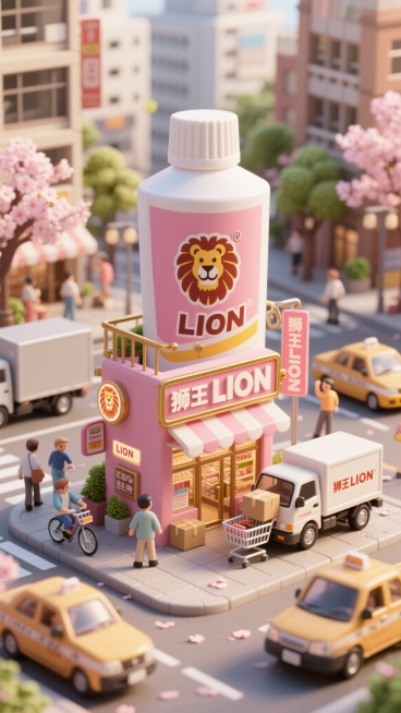 微缩景观风格，画面中心是一座外形为牙膏的商店，标志表面带有“狮王LION”字样的图案，配以樱花粉和金色五金件。店铺处于日本城市街景中，旁边有购物车和广告牌，一辆有“狮王LION”字样的车正在装卸包裹。预览效果