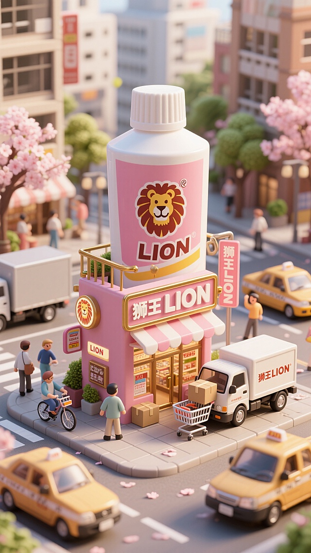 20张，以微缩景观风格呈现，画面中心是一座外形为牙膏的商店，标志表面带有狮王LION字样的图案，配以樱花粉和金色五金件 。店铺处于城市街景中旁边还有一个购物车和广告牌，一辆有狮王LION字样的车正在装卸包裹。周围有行人、骑自行车者，有不同类型的车辆如出租车、货车等，背景是城市建筑和绿植，整体色调温暖，光线柔和，营造出繁华且精致的都市商业氛围。日本城市街道，有樱花。