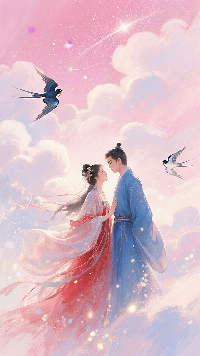 中国古代传统风格，古风情侣身着飘逸古装，深情对视，男子身穿蓝衣，女子身穿红衣。背景是银河，云朵，喜鹊在空中飞翔，画面整体呈现浪漫的粉色调。