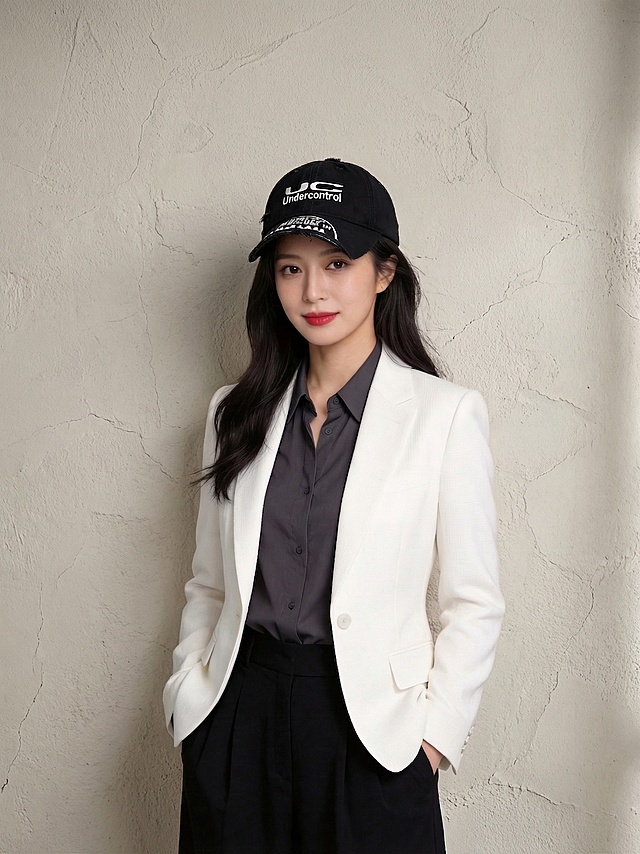 将背景替换为真实质感的低饱和浅米灰肌理墙面，有自然细微的墙面纹理和柔和的环境光影，光影与人物身上的光照方向一致，整体真实自然不突兀，人物主体保持不变