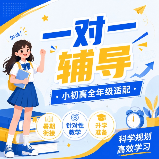 扁平插画风格教育培训海报，延续参考图蓝黄清新配色，带学生人物，比例1:1，优化布局突出文案。主标题蓝黄撞色放大写"一对一辅导"，蓝色横幅副标题写"小初高全年级适配"，左侧女生站在书本旁比加油手势，底部预览效果