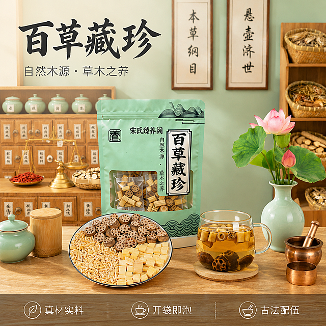 [主图-1] 食品电商主图首图：将图1中的产品实物（含包装袋、盘中三类药材、玻璃杯冲泡茶）完整融合进图2的中医药房背景中，适合作为1:1电商主图；[氛围风格] 国风传统中医养生场景，清新雅致、专业可信；[画质] 商业高清摄影质感，光线柔和通透，产品清晰真实，画面干净高级；[元素] 图1所有物体（绿色包装袋+透明窗内小包药材、白瓷盘中莲藕节/竹节/条状三类干料、玻璃杯中冲泡茶汤与沉底药材）需按合理比例缩小后置于图2木质柜台中央区域，包装袋立于左后方，盘子居中偏前，茶杯右前方；背景为图2完整中药柜、青瓷罐、天平、药篮、荷花瓶等，保持原布局不变；确保产品外观（物理结构、材质质感、颜色）与图1绝对一致，无变形色差；商品主体（三件套）合计占比约65%，画面满屏无边框；[光影] 自然侧光从左窗入，柔和均匀照亮柜台与产品，茶汤透光显金黄，药材纹理清晰，无硬阴影；[配色] 主色：青绿（包装/瓷罐）、原木棕（柜台/药柜）、米白（盘子/墙面）；辅色：金黄（茶汤）、粉红（荷花）、铜色（天平/研钵）；[视角构图] 平视略俯角，聚焦柜台面产品组合，景深适中，前后层次分明；[文字版式] 左上安全区留白，两行文案左对齐：主标题“百草藏珍”用粗笔刷书法体，深墨色；副标题“自然木源 · 草木之养”用细宋体，浅灰；底部半透明蒙层三栏：左「真材实料」中「开袋即泡」右「古法配伍」，白字小号，与深木背景强对比；[比例分辨率] 1:1，4K分辨率；[负向提示词] 变形，水印，文字错乱，产品模糊，背景杂乱，现代元素入侵。