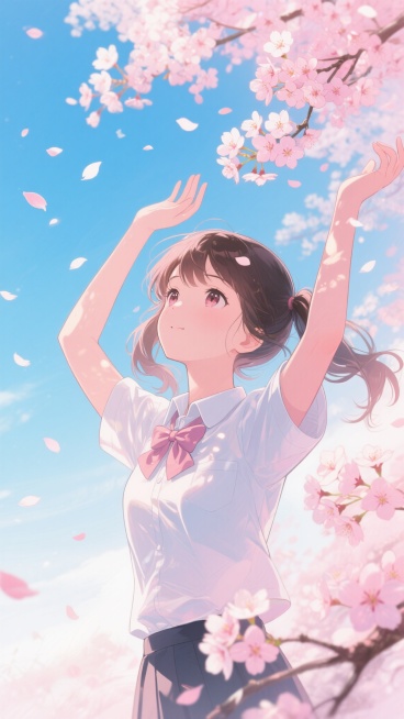动漫风格插画，柔和明亮的光影，粉色樱花飘落的唯美背景，蓝白渐变的天空，少女双马尾发型，白色衬衫搭配蝴蝶结领结，双手举起的动态姿势，细腻的面部表情刻画，透明感的樱花花瓣，阳光透过花枝的光斑效果，柔和的线条轮廓，温暖治愈的氛围，高饱和度的色彩搭配，层次感丰富的构图，飘落的樱花形成的动态效果，少女眼中的高光细节，整体画面的梦幻感，精致的服饰纹理，背景樱花树的细节描绘，天空中飘散的花瓣，少女微微仰头的……预览效果