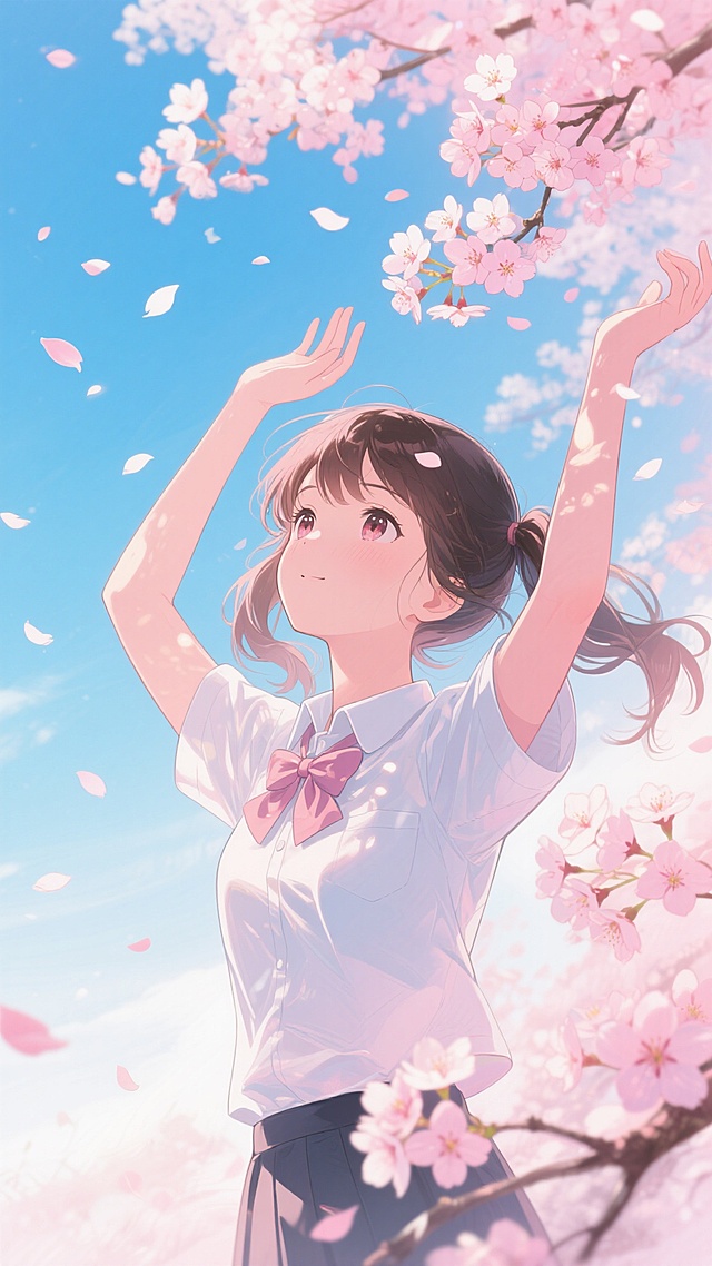 动漫风格插画，柔和明亮的光影，粉色樱花飘落的唯美背景，蓝白渐变的天空，少女双马尾发型，白色衬衫搭配蝴蝶结领结，双手举起的动态姿势，细腻的面部表情刻画，透明感的樱花花瓣，阳光透过花枝的光斑效果，柔和的线条轮廓，温暖治愈的氛围，高饱和度的色彩搭配，层次感丰富的构图，飘落的樱花形成的动态效果，少女眼中的高光细节，整体画面的梦幻感，精致的服饰纹理，背景樱花树的细节描绘，天空中飘散的花瓣，少女微微仰头的视角，柔和的阴影处理，画面整体的通透感，符合动漫插画的细腻笔触，樱花与少女的和谐融合，粉色与蓝色的色彩对比，阳光照射下的明亮感，飘落花瓣的层次感，少女头发的飘动效果，背景的纵深感，整体画面的平衡构图，樱花花瓣的半透明质感，阳光的散射效果，符合动漫美学的人物比例，背景樱花的密集与疏朗对比，画面的动态与静态结合，温暖的色调处理，少女表情的纯真感，樱花飘落的自然轨迹，背景天空的渐变色彩，整体画面的清新感，符合动漫风格的光影处理，樱花与人物的互动感，画面细节的丰富性，整体氛围的宁静美好。