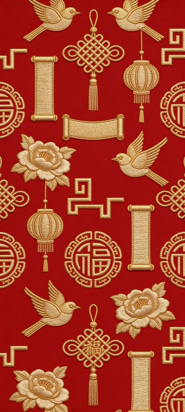 参考图1中的标志，与中国结、卷轴、灯笼、牡丹、喜鹊、福字等传统装饰元素规律性的在红色背景上乱序排列重复排布，各元素采用金色中国传统刺绣风格，正红色背景，对称式构图。丝线光泽细腻，针脚纹理清晰，4K超清预览效果