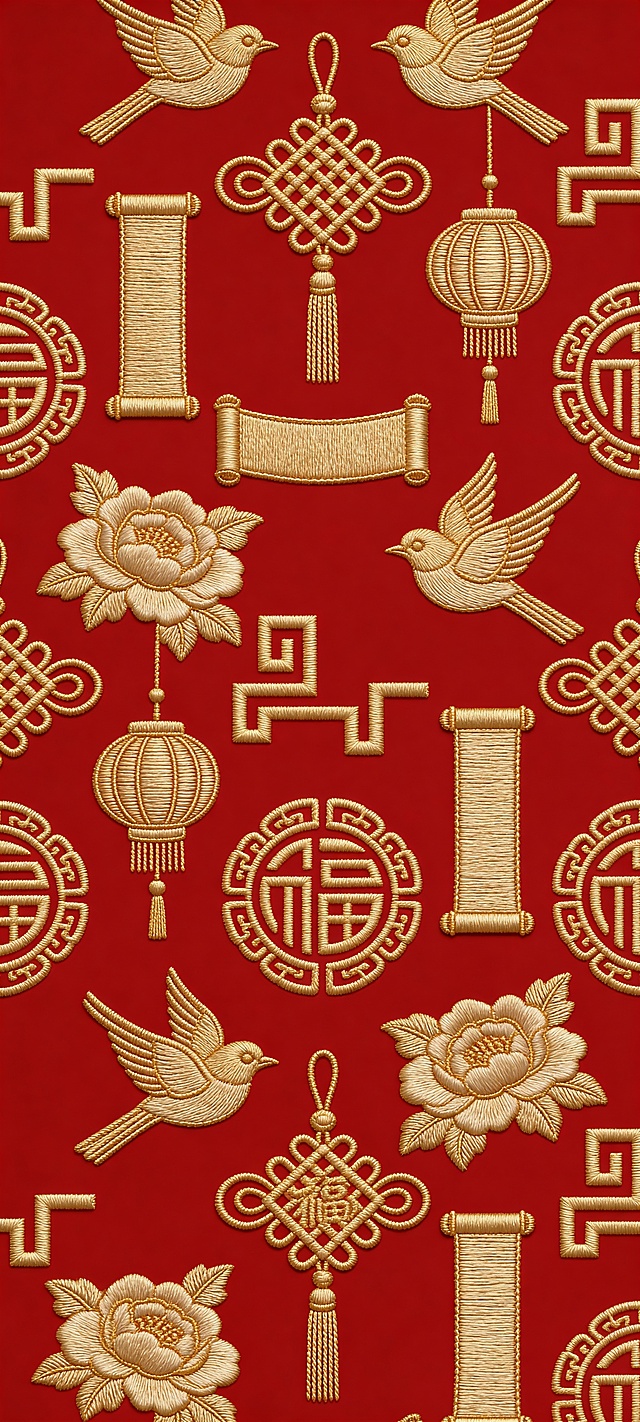 参考图1中的标志，与中国结、卷轴、灯笼、牡丹、喜鹊、福字等传统装饰元素规律性的在红色背景上乱序排列重复排布，各元素采用金色中国传统刺绣风格，正红色背景，对称式构图。丝线光泽细腻，针脚纹理清晰，4K超清奢侈品级纹样，传统吉祥元素交织呈现丰富层次感与精致细节。