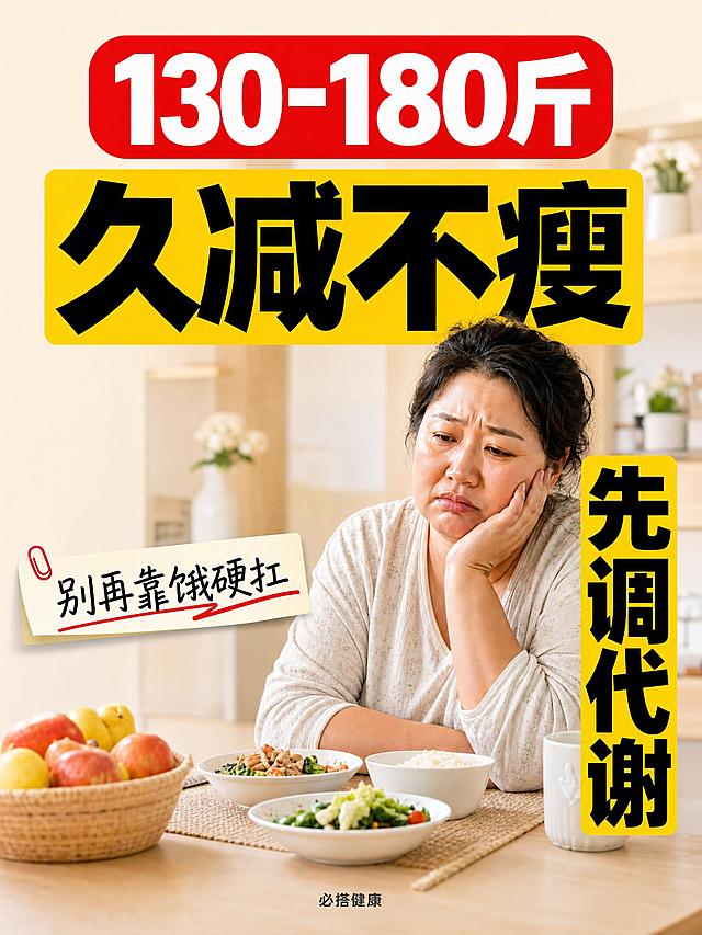 小红书笔记大字封面，配图大字，高饱和撞色生活感，版式精美，小红书笔记封面质感，适合信息流点击。画面顶部居中放置「130-180斤」，亮红色圆角色块白字超粗黑体，醒目突出。其下方独立一行主标题上半部分：「久减不瘦」，黑色超粗黑体加亮黄色粗色块底框，字号超大，与上方数字分行不堆叠。「先调代谢」四个字放在图片右侧、图中女性手臂的位置（画面右中下部，叠加在女性手臂/身体右侧区域），竖排或横排大字，黑色超粗黑体加亮黄色底框，字号大但不遮挡女性面部，与「久减不瘦」分开排版不堆砌。副标题：「别再靠饿硬扛」，黑色手写体加米白色便签底带红色下划线，位于左下方。画面核心视觉主体为一位大基数中年女性（约140-170斤体型），占画面比例≥55%，坐在居家餐桌旁，神态疲惫无奈有共情感，真实自然无过度磨皮，皮肤纹理自然，穿着宽松棉质家居服。背景：模糊生活化居家餐厅场景，干净整洁，浅暖米色+浅木色调，景深虚化突出人物与文字。底部仅标注纯文字品牌「必搭健康」，小号深灰色字体，无二维码、无扫码框、无导流占位。整体氛围：真实共情、生活化、健康减重话题感。画质：高清细腻，信息层级清晰，图文层次分明，文字完整处于安全区内不可裁切，四周留安全边距。画面比例3:4。
