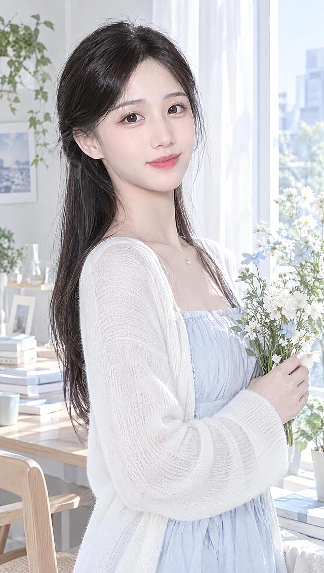 基于参考图中女子的脸型与五官特征进行现代写实重绘，保持她本人的辨识度：年轻柔和的鹅蛋脸、清秀细长的眉眼、小巧鼻梁、饱满嘴唇，乌黑长发，神情为抿嘴浅笑、温柔含蓄。将她绘制成一位现代小清新风格的女孩：神态表情与姿势动作由你自由发挥，例如站在明亮窗前、手捧书籍或轻碰花枝，姿态自然放松，气质干净温柔、有“白月光”的清透感。身穿简约清新的浅色现代服饰（白色或浅蓝、浅灰的柔软质感衣物），画面协调自然。场景内容丰富：明亮的现代室内或阳台，大窗采光、浅色墙面、木质家具、绿植花束与书桌摆件、薄纱窗帘等细节。色彩与光影：冷白清透色调，明亮自然日光与柔和漫射光，画面干净通透，绝对不要有任何泛黄的暖色调滤镜，不要复古感，写实照片质感。画面中不要出现任何文字、水印或标识。