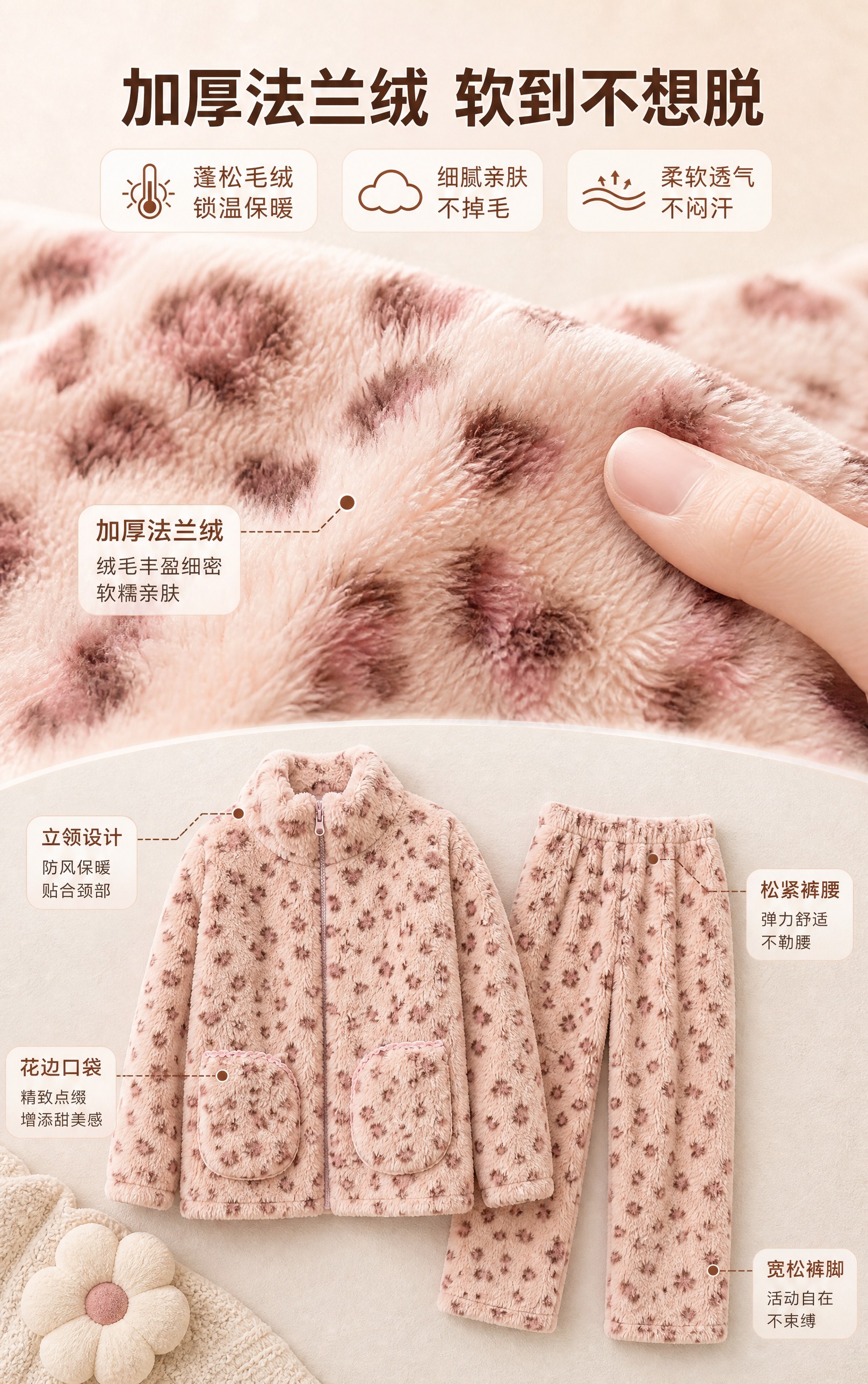 [详情图-4 面料细节] 粉色豹纹法兰绒立领拉链家居服套装 面… - 图片创意预览