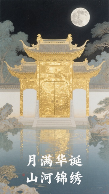 在静谧的中式园林场景中，一轮皎洁的明月高悬夜空，洒下银白的光辉。一座传统中国宫殿大门矗立眼前，整体呈现金色，拥有多层结构与弯曲的飞檐，飞檐上的瓦片纹理清晰，边缘微微上翘，尽显古韵。大门表面覆盖着闪闪发预览效果