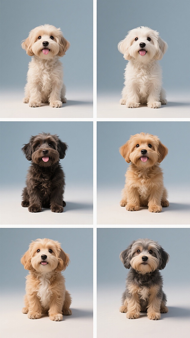 系列宠物肖像集合，六只相同造型的毛茸茸小狗，每只拥有完全不同的整体毛色，保持原照片的超写实摄影风格，高清晰度，细腻的毛发纹理，明亮的正面打光，纯色系背景，每只小狗姿态统一为坐姿、抬头、吐舌、眼神灵动，六张图像以2x3网格形式规整排布，整体构图平衡对称，色彩丰富多样且每只独立成调，保持相同的摄影质感和细节清晰度