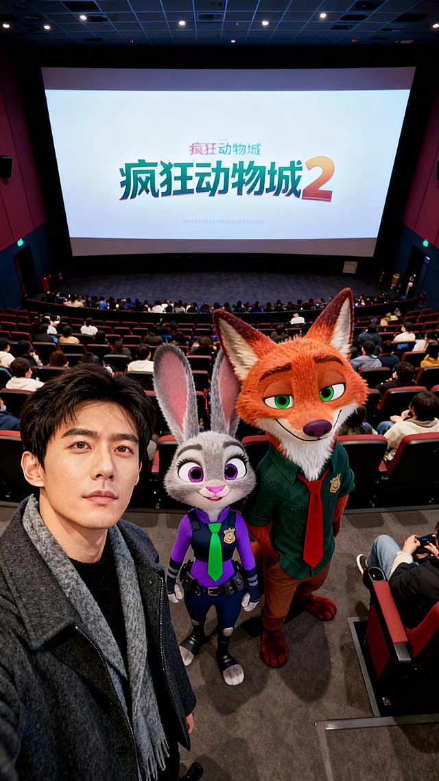 卡通感与3D角色风结合，拟人化动物主角生动呈现，软3D质感细腻，毛发生长细节逼真，影院场景营造沉浸式动漫氛围。