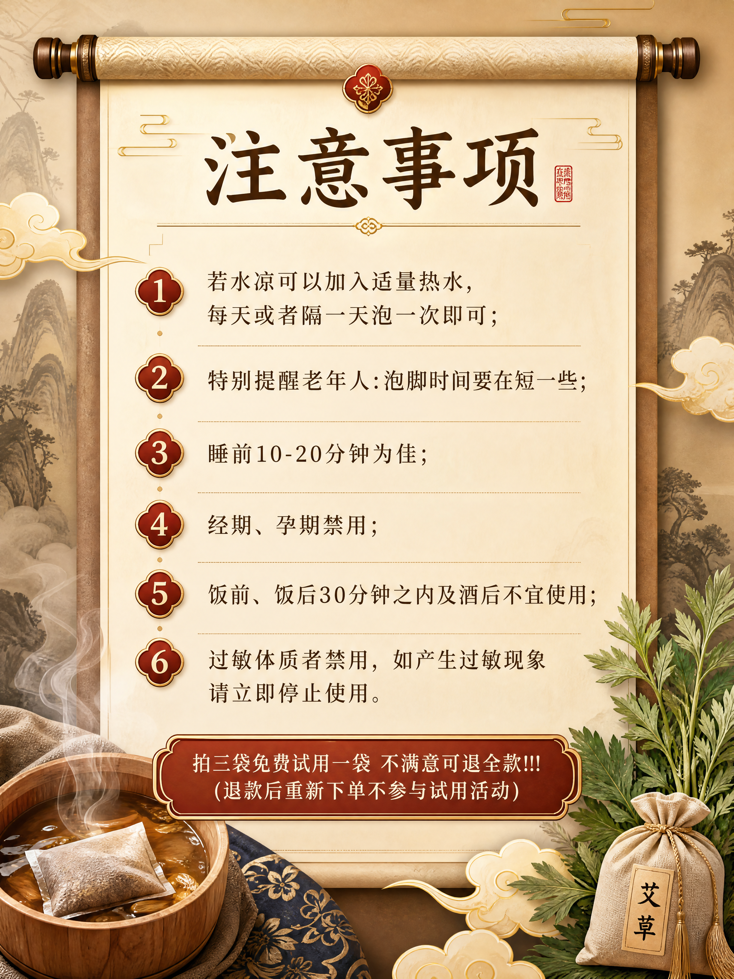 中国风足浴泡脚包注意事项电商详情页海报，竖版3:4比例，4K高… - 图片创意预览