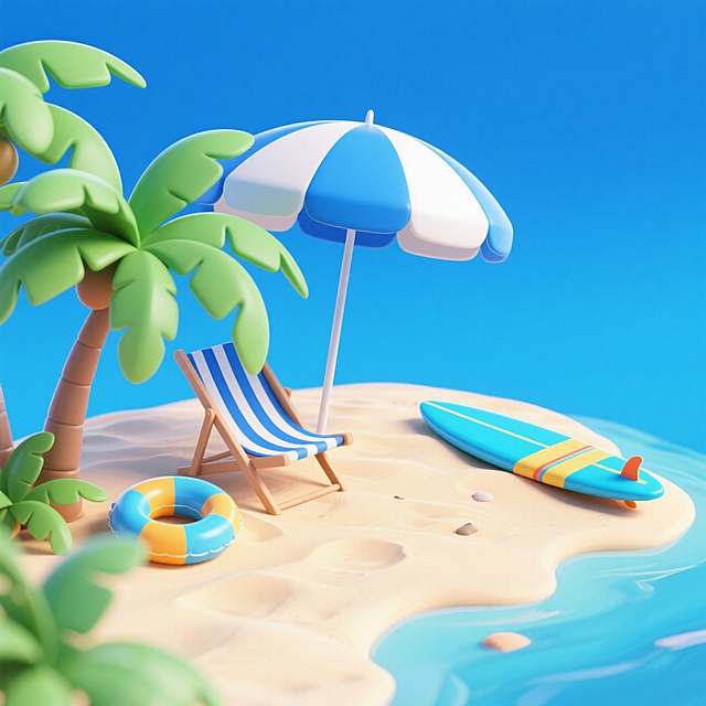 清新软3D风，卡通海岛场景，椰树、躺椅与冲浪板，夏日度假氛围。
