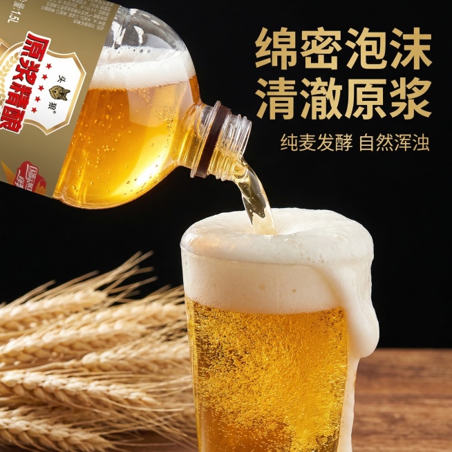[主图主题] 头狼原浆精酿啤酒细节展示
[氛围/风格] 微距质感，新鲜诱人，突出酒液品质
[画面元素] 微距特写金黄酒液倒入玻璃杯的瞬间，绵密细腻的白色泡沫涌出挂杯，1.5L原桶啤酒放置在画面左上角作预览效果