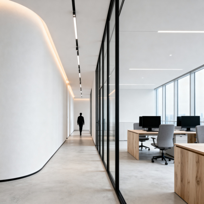 8K ultra HD, photorealistic commercial interior photography, modern minimalist high-end office corri预览效果