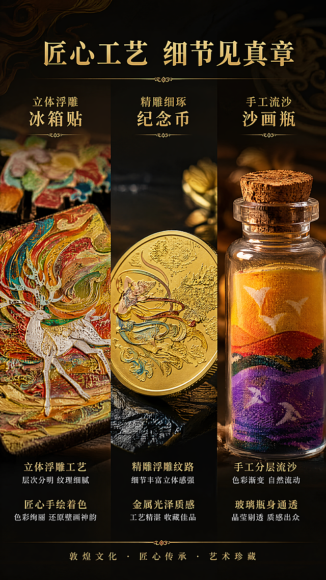 [第4张] 细节工艺页-冰箱贴+纪念币+沙画瓶微距质感展示。本张使用【图3】【图4】【图6】中的单品细节作为参考。
[氛围/风格] 微距质感大片，精致工艺展示，敦煌文化艺术感，商业摄影微距质感。
[元素布局] 画面分三栏横向排列微距特写：左栏为冰箱贴微距，展示木质纹理、烫金细节、色彩层次；中栏为纪念币微距，展示浮雕纹路、金属光泽、敦煌飞天图案细节；右栏为沙画瓶微距，展示彩色沙层渐变、玻璃瓶通透感、软木塞质感；背景为深色渐变，突出产品质感；每件产品外观与输入图一致。
[光影质感] 侧光勾勒轮廓，顶光提亮细节，金属和玻璃表面有精致高光，整体明暗对比强烈，质感突出。
[配色色系] 全局底色 #2C2416（深棕黑色）；主色金色、石青、朱砂红；辅助色深棕、暖光。
[视角构图] 三栏并列构图，均为微距特写视角，阅读动线从左至右。
[文字版式] 顶部主标题「匠心工艺 细节见真章」，宋体金色字居中；每栏上方有小标题：「立体浮雕 冰箱贴」「精雕细琢 纪念币」「手工流沙 沙画瓶」；每栏下方配两行工艺说明文字；文字为金色和白色，不遮挡产品细节。
[比例分辨率] 9:16 竖版比例，4K 分辨率，文字清晰可辨，高清画质。
[负向提示词] 产品变形，纹理模糊，颜色偏差，水印，文字错乱，灰尘划痕，质感廉价。
