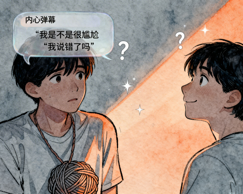 手绘水彩插画风，温暖治愈，带有轻微纸张纹理与铅笔线稿。场景为一场社交聚会的角落。画面左侧是一位紧张的人，头顶漂浮着半透明“内心弹幕”气泡，写着我是不是很尴尬、我说错了吗，胸口像打结的线团，肩膀耸起。画预览效果