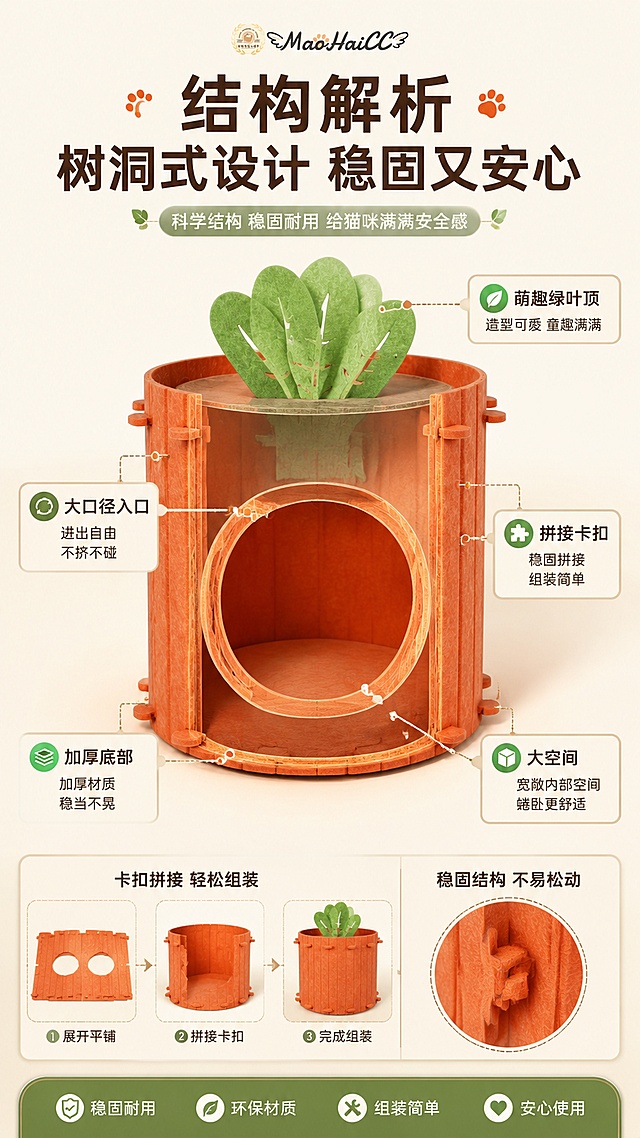 [第5屏] 结构解析-树洞式结构+稳固拼接设计说明。本屏使用【图1】作为商品主体，展示内部结构与拼接方式。
[氛围/风格] 清晰结构解析风，半剖透视感，信息可视化，商业设计质感。
[元素布局] 画面中央为胡萝卜树洞猫窝半透明剖面示意图，保持外观橙色树洞造型，内部展示圆形入口通道、内部宽敞空间、底部平整结构；周围用引线标注关键结构部位：顶部绿叶装饰、圆形入口、侧面拼接卡扣、加厚底部、内部空间；背景为浅米色，简洁干净。
[光影质感] 柔和均匀布光，结构边缘清晰，内部有层次，整体干净专业。
[配色色系] 全局底色 #FFF8F0 暖米白；主色暖橘橙 #E8753A；辅助色草木绿 #6BAF5A、深棕描边、米白。
[视角构图] 正面居中构图，产品剖面为核心，引线式标注环绕四周，阅读动线从中心向外扩散。
[文字版式] 顶部主标题「树洞式设计 稳固又安心」圆润粗黑体；五个标注点分别配文：「萌趣绿叶顶」「大口径入口 进出自由」「拼接卡扣 组装简单」「加厚底部 稳当不晃」「大空间 蜷卧更舒适」；引线+圆角标签样式，字体圆润清晰。
[比例分辨率] 9:16 竖版比例，4K分辨率，文字清晰可辨，高清画质。
[负向提示词] 结构错误，变形扭曲，颜色偏差，水印，文字错乱，标注不清