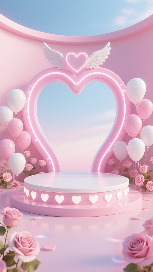 梦幻软3D风，心形霓虹灯与气球点缀，甜美浪漫的情人节场景。