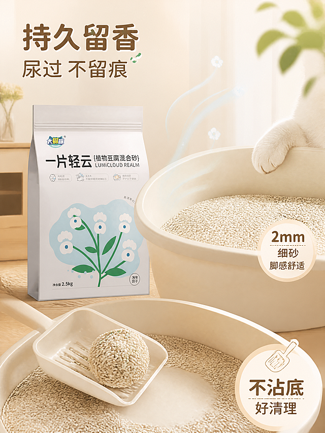 [第6张] 持久留香+不沾底页-大猫咪一片轻云植物豆腐混合猫砂使用体验展示。本张使用【图2】作为产品主体。
[氛围/风格] 温馨居家风，猫咪生活场景，舒适治愈，宠物友好。
[元素布局] 画面右侧展示白色猫砂盆，里面装满猫砂，一只白色猫咪爪子扒在砂盆边缘（只露爪子和部分身体）；左侧展示产品包装袋立在旁边；空中有淡淡的香气波纹线条；底部展示铲子铲起结团的特写，盆底干净无残留。
[光影质感] 暖色调柔和室内光，温馨舒适，猫砂颗粒质感清晰。
[配色色系] 全局底色 #FFF9F0 暖米白；主色米白+暖黄；辅助色浅蓝香气线条、绿色点缀。
[视角构图] 侧面45°角，场景式构图，阅读动线左侧产品 → 中间砂盆猫咪 → 底部使用效果。
[文字版式] 左上主标题「持久留香」，副标题「尿过 不留痕」；右侧中部标注「2mm 细砂 脚感舒适」；底部右侧标注「不沾底 好清理」配铲子图标；文字温暖柔和。
[比例分辨率] 3:4竖版比例，4K分辨率，文字清晰可辨，高清画质。
[负向提示词] 猫咪全身正面，水印，文字错乱，文字过小，脏乱，颜色偏差。