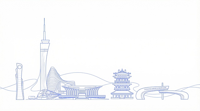 参照以上图片的主题内涵与符号学，并生成以下描述的图片：极简风格城市地标剪影插画，以纯净白色为背景，主体为一组浅蓝色线条勾勒的标志性建筑轮廓，电视塔象征现代科技，传统宝塔代表历史文化，现代剧院体现艺术生活，拱形桥梁寓意连接与沟通，各建筑元素通过线条的流动感相互连接，整体呈现出城市发展中传统与现代的和谐共存