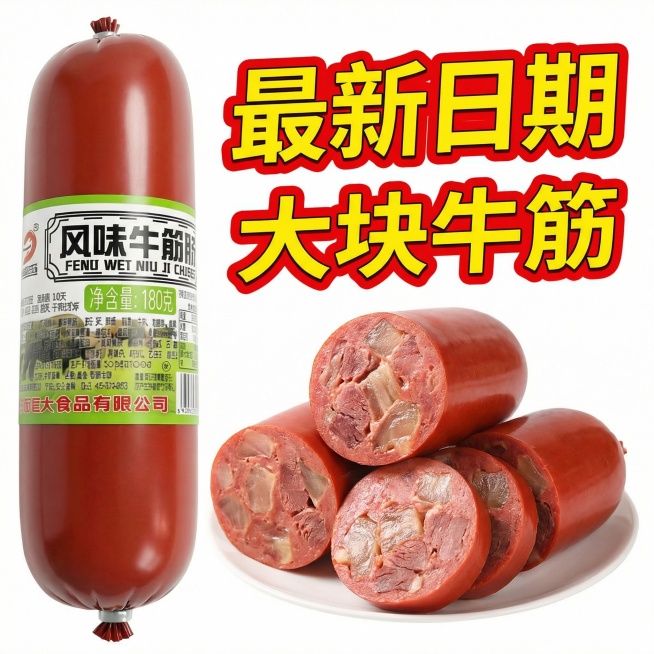 请以图片中这款产品帮我生成10张电商主图，图片中的产品是牛筋肠，文案要分布均匀不要所有词都在一张主图上体现。
1.主图场景要求，可以把牛筋肠多根展现放到纸箱内，也可以搭配泡面展现出，背景符合牛筋肠拼多预览效果