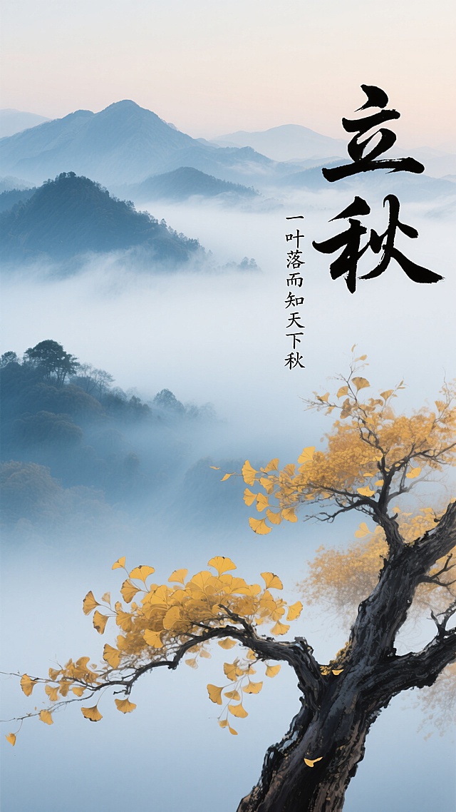 立秋时节，工笔风描绘山雾缭绕，水墨渲染黄叶飘零，清新古典，尽显中式美感。