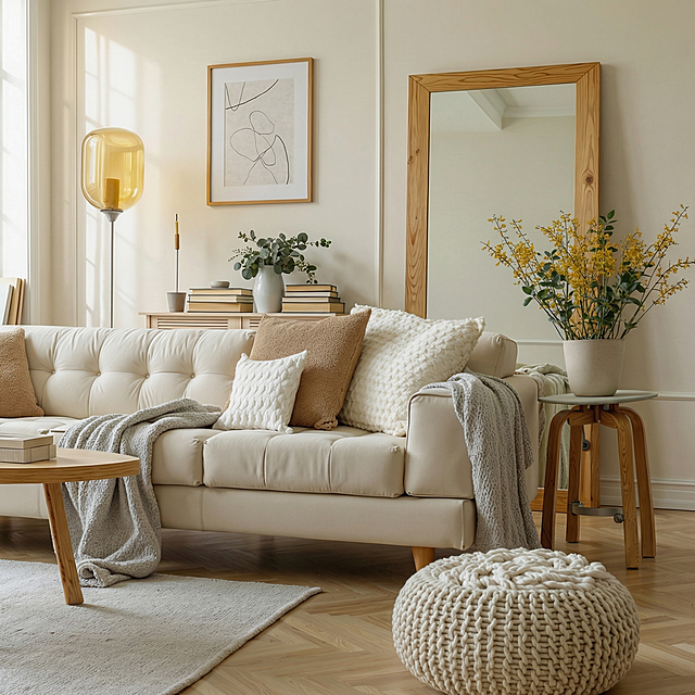 小户型客厅装修效果图，北欧原木风，主要色彩为白色和原木色，光线明亮柔和，简约温馨，参考图风格，干净整洁，1:1构图