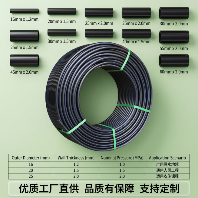 [主图 5] PE灌溉管规格参数与服务承诺图，展示多种常见规格的PE灌溉管小段整齐排列，底部放置整卷产品；田园作业风格，工厂源头直供B端感；商业摄影质感，光线柔和通透，产品清晰真实，画面干净高级；保持预览效果