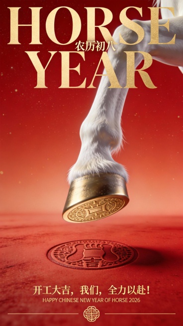 极简主义红金时尚3D超写实的海报风格。画面顶部背景上横向书写巨大的、金色粗体衬线英文标题“HORSE YEAR”与主体形成穿插关系，字体占据画面宽度的80%，具有高端杂志排版质感。旁边简单装饰小字“农预览效果