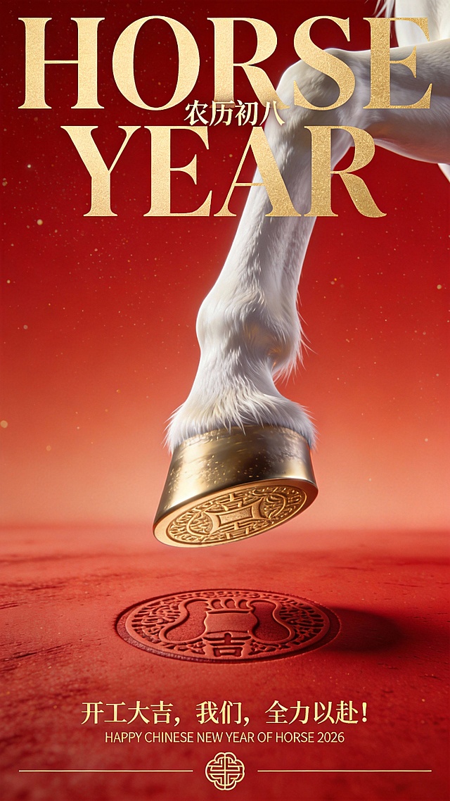 极简主义红金时尚3D超写实的海报风格。画面顶部背景上横向书写巨大的、金色粗体衬线英文标题“HORSE YEAR”与主体形成穿插关系，字体占据画面宽度的80%，具有高端杂志排版质感。旁边简单装饰小字“农历初八”画面底部正中央用极小的文字书写金色的优雅衬线体“开工大吉，我们，全力以赴！”+更小的小字“HAPPY CHINESE NEW YEAR OF HORSE 2026”，下方装饰有一条纤细的弧线和一个极简的中式花窗窗格符号。画面的视觉主体为一只悬停在空中的白色骏马前腿的马蹄（微微抬起，马腿的毛发质感细腻真实，呈现出柔和的白色绒毛光泽。马蹄底部（经过超现实设计，安装了一个圆形的金色金属印章马蹄底板，底板内部雕刻着复杂的开工大吉纹章，金属表面呈现哑光拉丝质感））。仰视角度聚焦在马蹄底面。
画面逻辑的核心在于光影互动：马蹄正下方的红色地面上，压出了一个清晰的印子，这个印子1:1完美复刻了马蹄底座上的开工大吉纹章图案，仿佛用马蹄去印出来的。整体画面处理为高格调的红金摄影，覆盖着明显的胶片颗粒感和高ISO噪点纹理，背景为干净的渐变红，光线柔和且精准，营造出一种静谧、神秘且高级的超现实主义商业广告氛围。