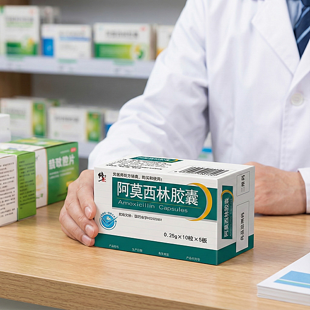 按照原图的包装设计 生成三张不同场景的修正阿莫西林胶囊电商主图，比例1:1