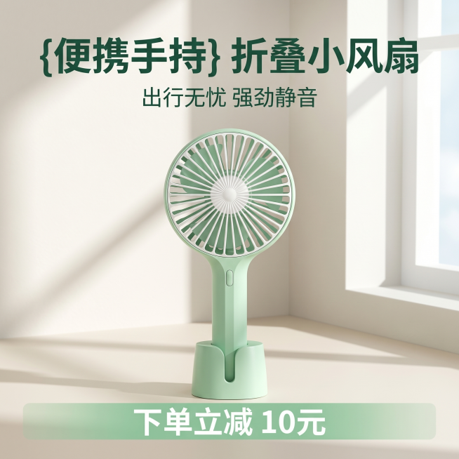 [主图 1] 清新薄荷绿手持折叠小风扇首图
[氛围风格] 清新夏日风，干净明亮，突出便携清凉属性
[画面元素] 商业摄影质感、光线柔和通透、产品清晰真实、画面干净高级。薄荷绿手持小风扇居中放置，放大展预览效果