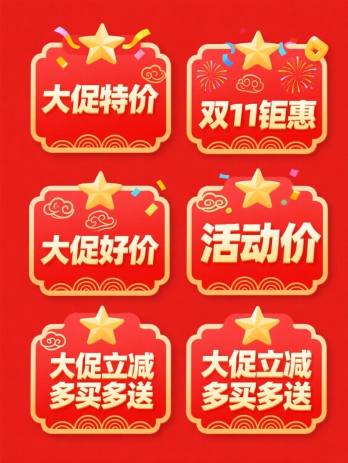 六个规整排布的促销标签素材，每个标签均为规整几何形状，采用大红色为主色调，搭配金色、黄色作为点缀和强调色，具有浓厚的喜庆促销氛围。标签边缘有金色祥云纹、波浪线等传统装饰元素，部分标签顶部或角落有金色五角星、彩带、礼花等欢庆装饰图案。文字采用粗体无衬线字体，主标题如“大促特价”“双11钜惠”“大促好价”“活动价”“大促立减”“多买多送”等核心文案字号大且醒目，部分文字带有金色描边或立体阴影效果，……预览效果