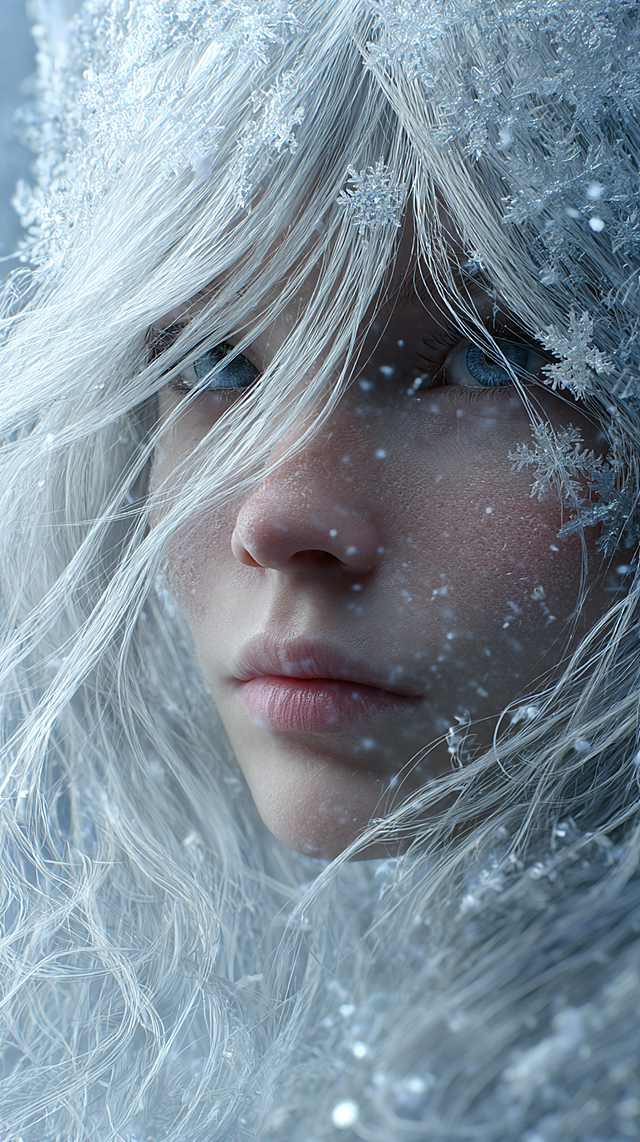 Close-up portrait of a beautiful ice queen with ultra-detailed, frost-covered silver-white hair flowing around her face, each strand rendered with crystalline clarity and glowing highlights. Her eyes are luminous sapphire blue, reflecting snowflakes and cold light. Delicate snowflakes float in the air around her, some resting on her skin and hair, others blurred in motion. She has soft rosy cheeks and slightly parted lips, expression serene yet powerful. Background is a dreamy gradient of icy blue and white with bokeh snow particles. Digital painting, fantasy anime style, hyper-realistic hair texture, cinematic lighting, shallow depth of field, vertical composition, 8k resolution, trending on ArtStation.，--ar 9:16 --v 6.0 --q 2 --stylize 750 --chaos 10
