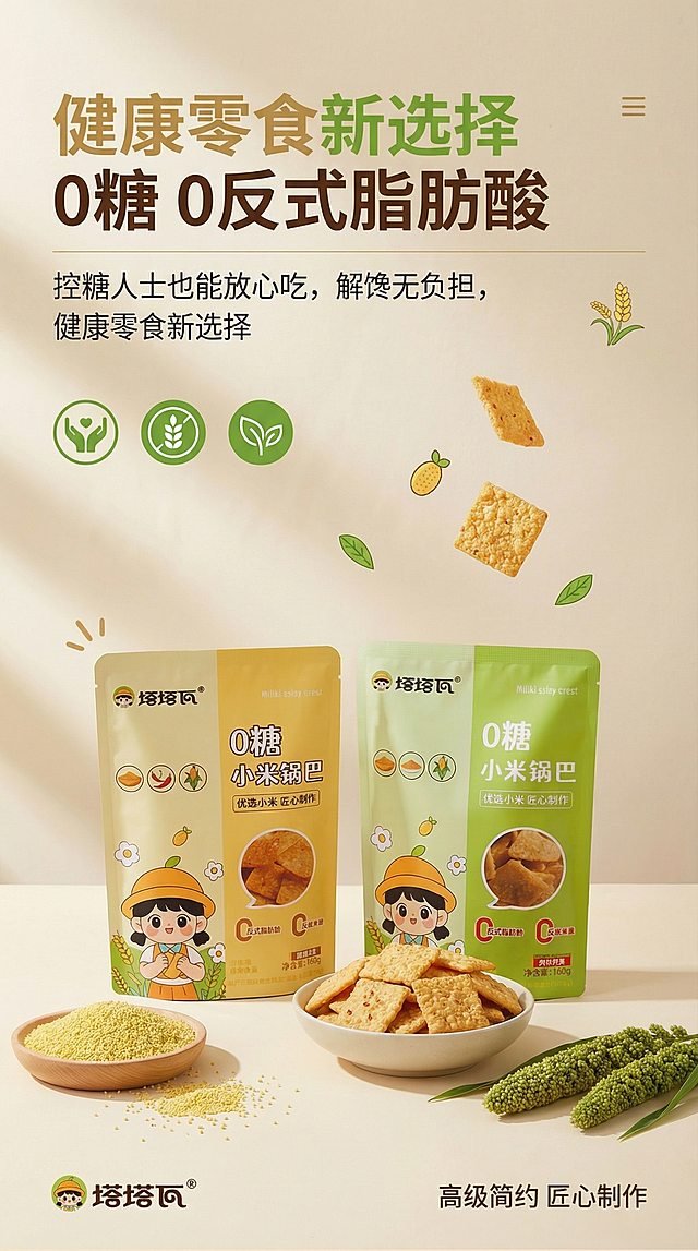 塔塔瓦0糖小米锅巴电商详情页，延续首图设计风格，9:16尺寸，浅米色背景，健康卖点展示页面，突出标注"0糖 0反式脂肪酸"核心卖点，搭配清晰文字说明"控糖人士也能放心吃，解馋无负担，健康零食新选择"，整体干净简洁，暖黄调搭配健康绿色点缀，柔和光影，保持整体高级简约品牌风格