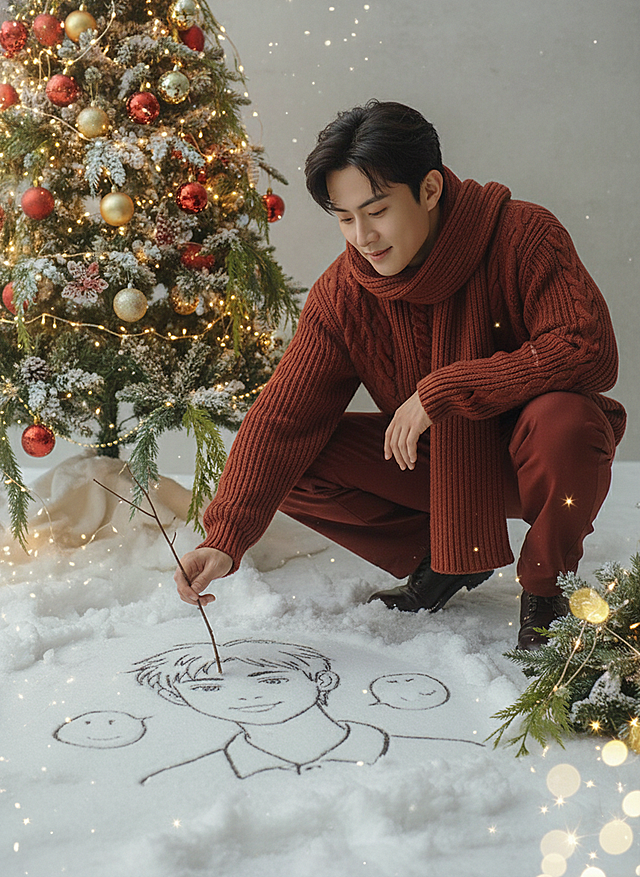 画面主视觉是图示人物蹲在雪地上用树枝画自画像（画像为日漫风），并与自画像合影，穿红棕冬装蹲圣诞树下，周围挂雪松枝 散着彩灯串