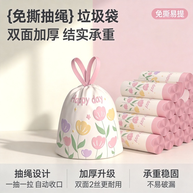 [主图-1] 抽绳免撕垃圾袋首图，单个垃圾袋在画面中心，右侧整齐堆叠多卷垃圾袋。保持垃圾袋外观（粉色郁金香图案、抽绳颜色、材质质感）与输入产品图绝对一致，杜绝任何变形和色差，精细化处理。商品主体占比严预览效果