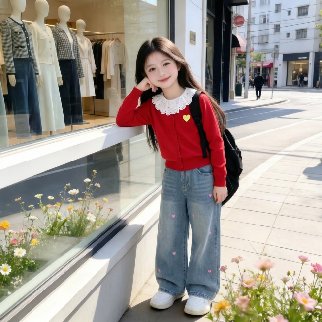 用图1的衣服和牛仔裤替换的2的人物身上穿的衣服和牛仔裤，保留原场景光影，保持图2的人物的五官和发型不变，图片宽高尺寸不变，背景不变，鞋子不变，人物姿势不变，保持图1的衣服和牛仔裤的款式和颜色不变预览效果