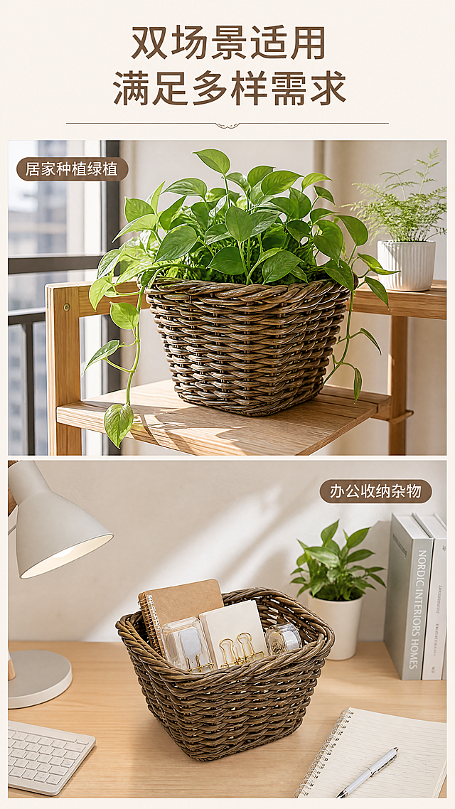 [第4屏] 双场景展示，居家办公两用。本屏使用【图1】，保留产品外观不变。
风格：北欧真实场景，自然温馨，明亮商业摄影。
布局：上下分屏，上：居家阳台种绿萝放原木花架，下：办公桌收纳文具配简约台灯。产品保留原图特征。
光影：统一柔和自然光，纹理清晰真实。
配色：底色#F5F1EB，主体#8B7355，自然辅助色。
构图：上下等分，场景独立。
文字：顶部主标题"双场景适用 满足多样需求"，场景角落标注"居家种植绿植""办公收纳杂物"。
规格：9:16，4K，文字清晰。
负面：产品变形，拼接错乱，背景杂乱