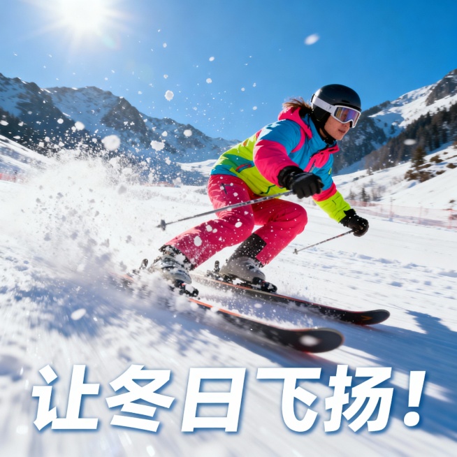 冬季滑雪场场景，一个穿着鲜艳滑雪服的人正在高速滑雪，身体前倾，姿态动感，滑雪板飞溅起大量雪花，背景是覆盖白雪的山峦和蓝天，阳光明媚，画面充满活力与速度感，底部有“让冬日飞扬！”的醒目文案预览效果