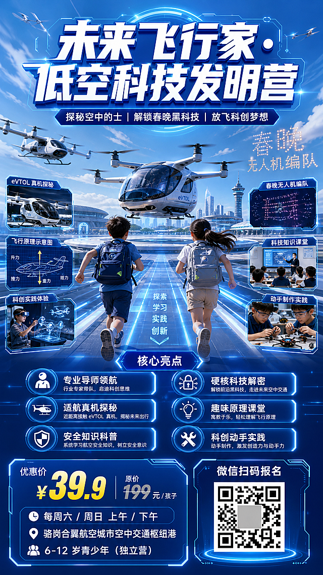 科创活动海报，超大主标题文字“未来飞行家・低空科技发明营”，副标题文字“探秘空中的士 | 解锁春晚黑科技 | 放飞科创梦想”。主视觉区：两个背书包的孩子跑向未来空中交通场景，画面环绕 eVTOL 真机、春晚无人机编队、飞行原理示意图、科创实践场景等科普小图，搭配蓝天、科技光效等视觉元素。核心亮点模块，6个标签双列排版：左列“专业导师领航、适航真机探秘、安全知识科普”，右列“硬核科技解密、趣味原理课堂、科创动手实践”。底部信息区：左侧价格区文字“优惠价 ¥39.9 原价 199 元 / 孩子”，下方核心信息项“⏰ 每周六 / 周日 上午 / 下午 📍 骆岗合翼航空城市空中交通枢纽港 👨‍👩‍👧 6-12 岁青少年（独立营）”，右侧报名区文字“微信扫码报名”带二维码占位。整体科技感海报风格。
