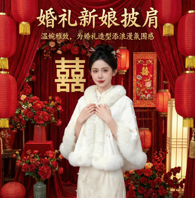 这是一款婚礼新娘披肩，换个背景，喜庆一点，添加【婚礼新娘披肩】【温婉雅致，为婚礼造型添浪漫氛围感】文字，图中的人物，衣服款式不变预览效果