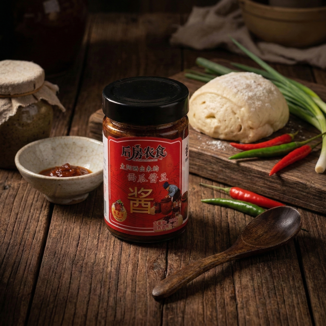 以这瓶后房农食西瓜酱豆为主体，瓶身标签文字细节完全保留不做修改，放置在深棕色旧木板木纹桌面上，搭配木勺、瓷碗、馒头、新鲜辣椒、小葱作为微暗复古道具，采用暖光侧光的暗调光线，营造家常、手工、传统老味道的预览效果