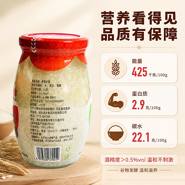 [主图-6] 营养与品质信息，展示营养成分与产品规格。
[统一基调] 淘宝/天猫食品风格，暖米白与浅木色背景，主标题用厚重粗黑体，字色深棕红，辅助文案用浅棕细黑体，强调色为朱红与米黄。
[画面] 左侧是孝感米酒玻璃瓶侧面，展示配料表一侧，占画面约50%。右侧用三个圆角信息卡片竖向排列，分别展示：每100克能量425千焦、蛋白质2.9克、碳水22.1克，卡片用图标+大号数字+小字说明的形式。底部加一行“酒精度>0.5%vol 温和不刺激”。背景为浅米色渐变，干净清爽。
[光影质感] 柔和侧光，产品清晰，信息卡片有轻微浮起阴影，整体干净专业。
[配色] 背景浅米白，标题深棕红，卡片白底深棕字，数字朱红强调。
[文字版式] 右上主标题“营养看得见 品质有保障”，下方三张信息卡分别标注“能量 425千焦/100g”“蛋白质 2.9克/100g”“碳水 22.1克/100g”。底部小字“谷物发酵 温和滋养”。
[输出要求] 1:1正方形，产品瓶身与输入图配料侧一致，数据准确，文字清晰，无错字，无水印。