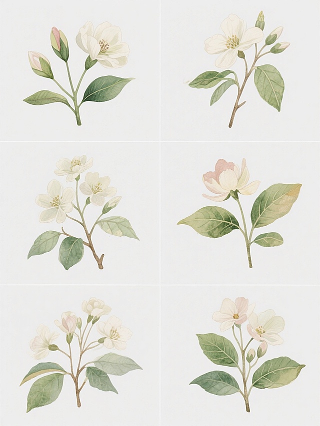 一组六款不同花种的花卉插画集合，保持与原图一致的手绘水彩风格，清新淡雅的色彩过渡，细腻的笔触质感，每款花卉均包含花朵、花苞、绿叶及枝条的完整结构，花朵形态自然舒展，叶片色彩层次分明带有叶脉细节，整体构图简洁饱满，所有花卉元素均以统一的白色纯色背景分隔，呈规整网格状排布，展现出和谐统一的视觉美感与植物自然生机。
