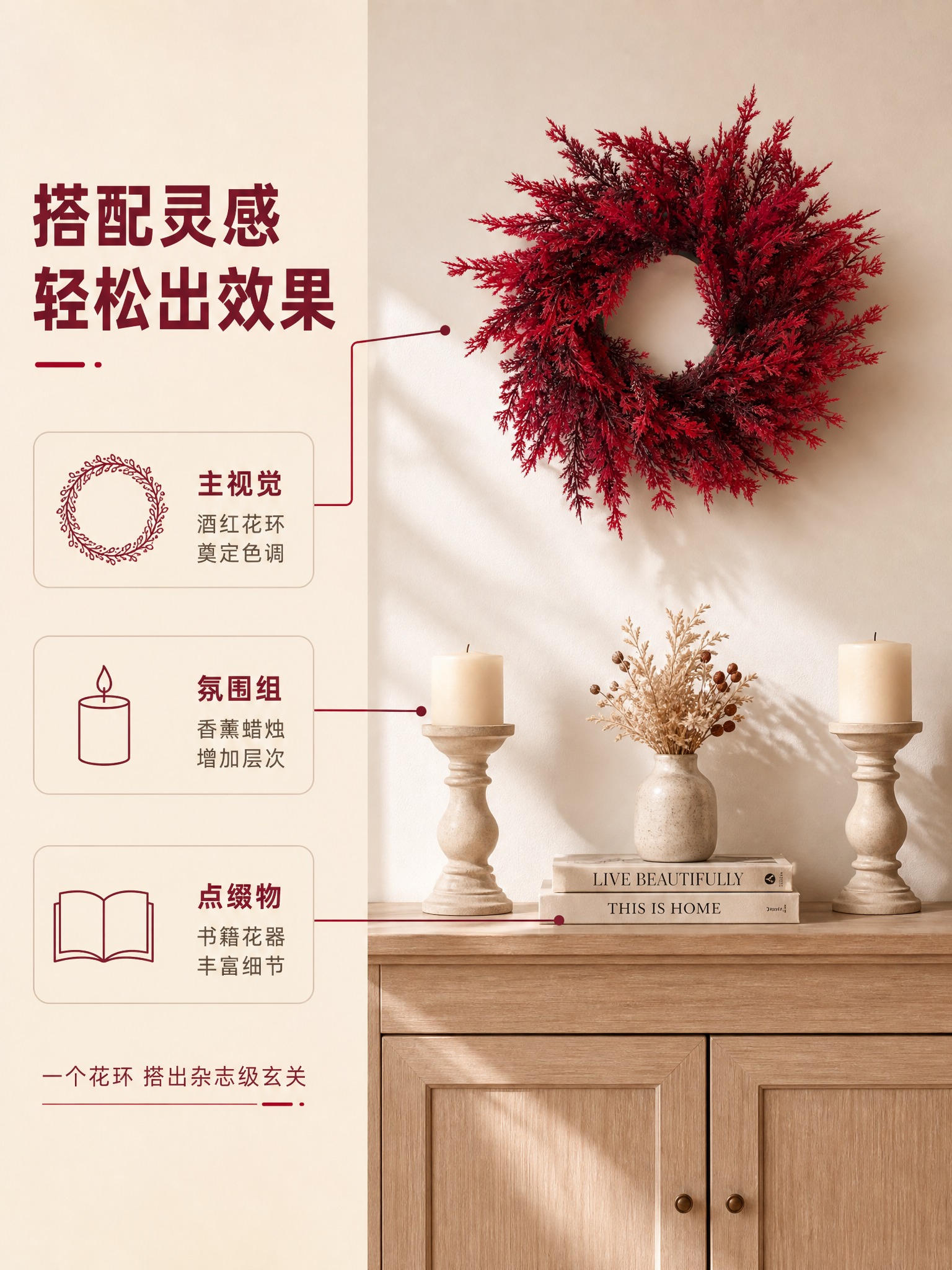 [商品] 使用【图1】酒红色仿真柏叶花环；保留完整圆形结构、酒… - 图片创意预览